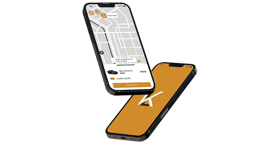 Kismet Limousine app interface showing map and booking screen